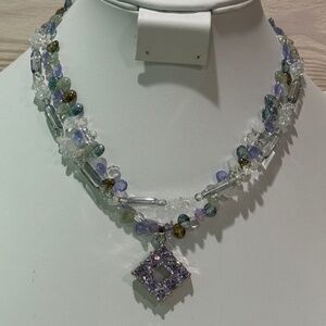 Vtg Necklaces Set Glass Lilac Pebbled And Glass Sea Blue Natural Crystal Quartz